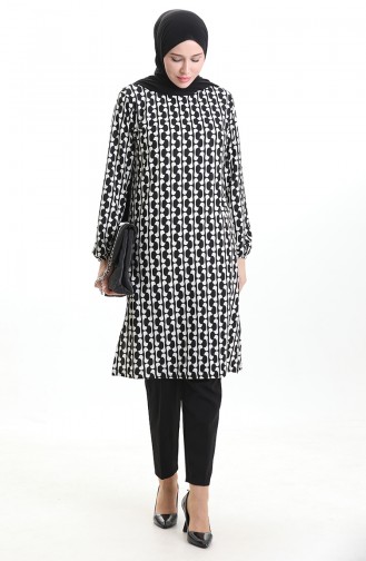 Tunique à Fentes Imprimées Numériquement 1005A-01 Noir Et Blanc 1005A-01