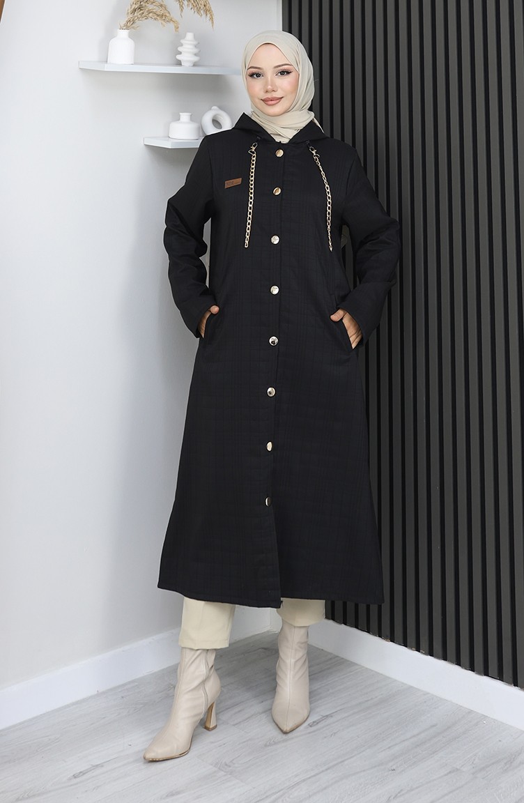 Sefamerve, Buttoned Chain Detailed Cape 0206A-01 Black