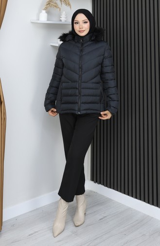 جاكيت منتفخ بغطاء رأس وسحاب 0208-01 أسود 0208-01