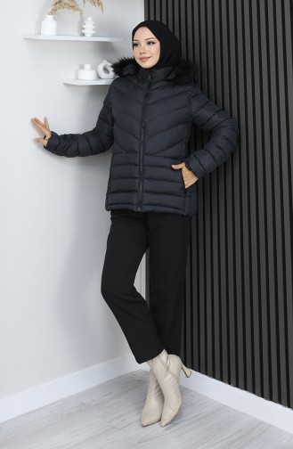 جاكيت منتفخ بغطاء رأس وسحاب 0208-01 أسود 0208-01