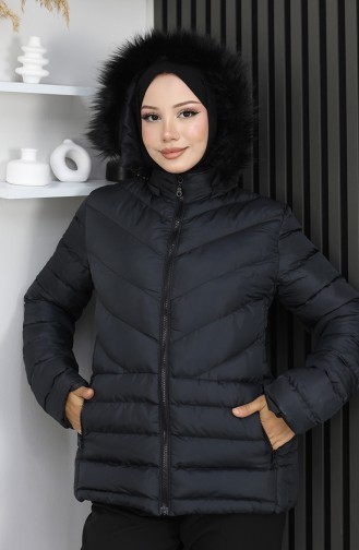 جاكيت منتفخ بغطاء رأس وسحاب 0208-01 أسود 0208-01