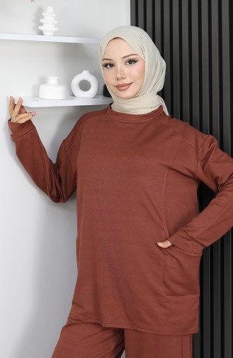 Oysho Fabric Tunic Trousers Two Piece Suit 2163-02 Brown 2163-02