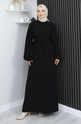 Kolu lastikli Kuşaklı Elbise 2161-07 Siyah