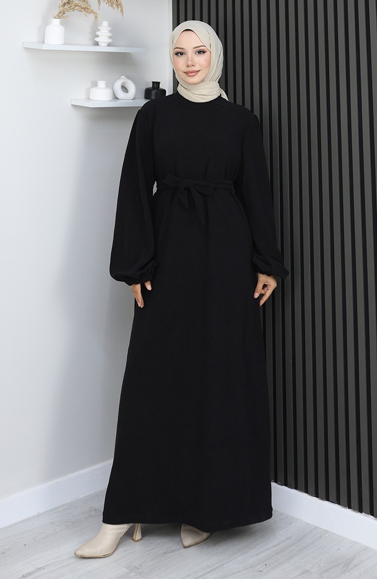 Sefamerve, Robe Ceinturée à Manches élastiquées 2161-07 Noir