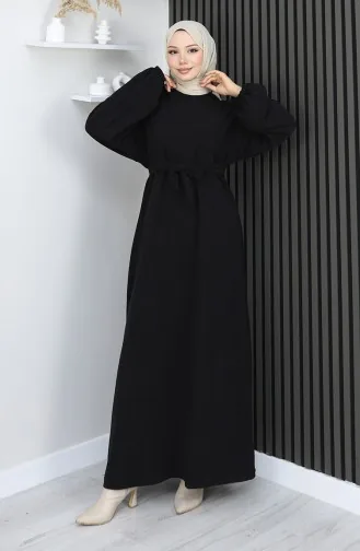 Kolu lastikli Kuşaklı Elbise 2161-07 Siyah