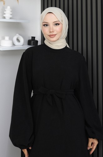 Robe Ceinturée à Manches élastiquées 2161-07 Noir 2161-07