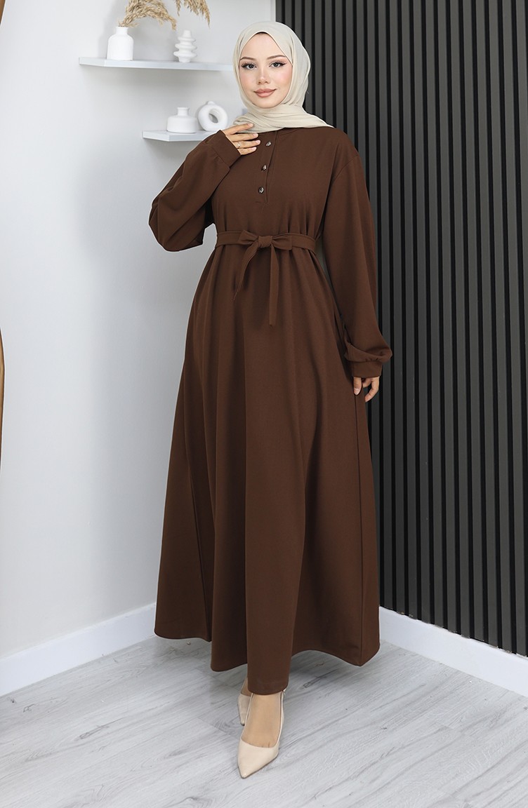 Sefamerve, Robe En Tissu Scuba à Demi-boutons Et Ceinture 2167-01 Marron