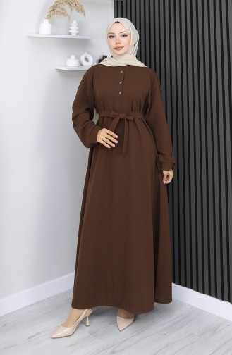 Robe En Tissu Scuba à Demi-boutons Et Ceinture 2167-01 Marron 2167-01