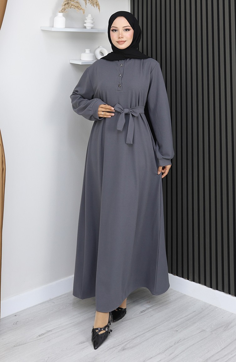 Sefamerve, Scuba Fabric Half Button Belted Dress 2167-03 Gray