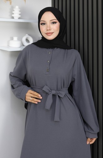 Scuba Fabric Half Button Belted Dress 2167-03 Gray 2167-03