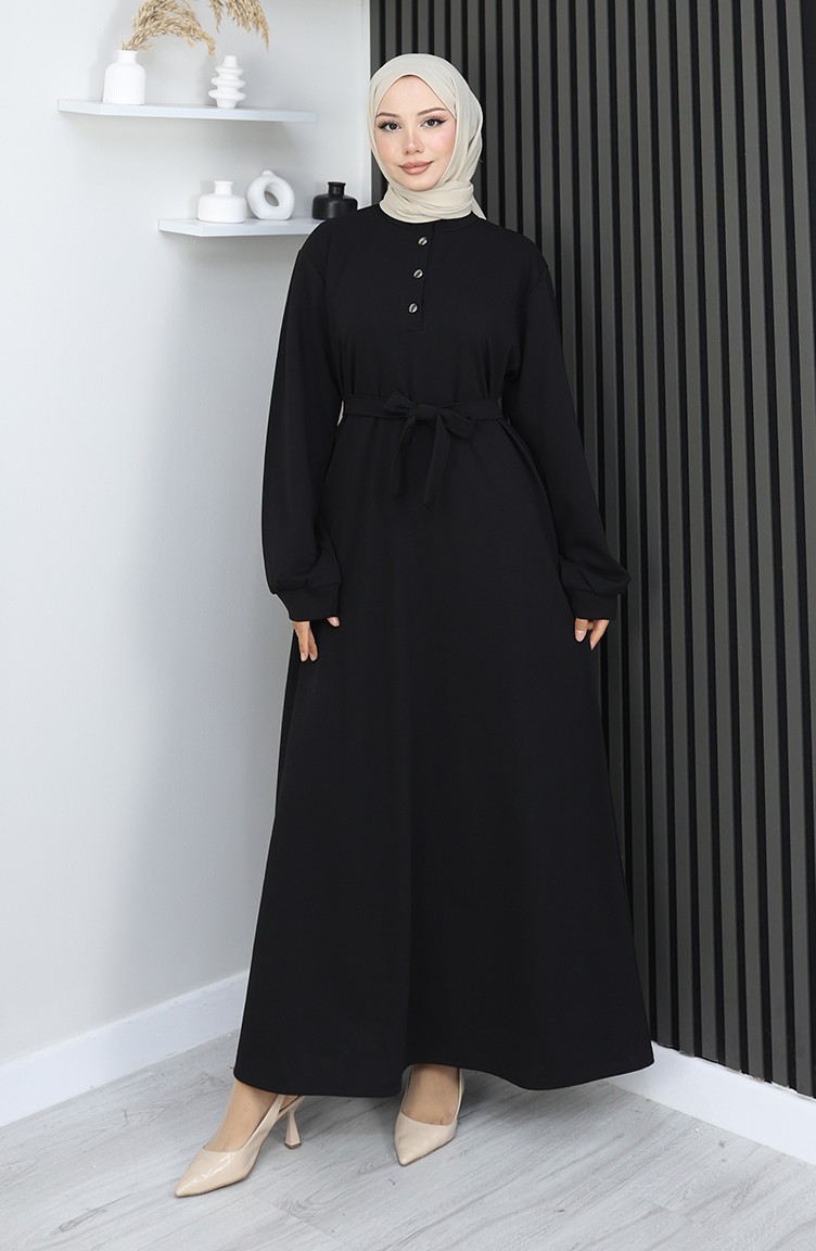 Sefamerve, Scuba-stof Jurk Met Halve Knoop En Riem 2167-05 Zwart