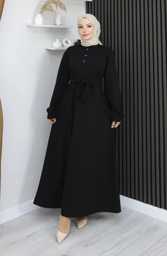 Scuba Fabric Half Button Belted Dress 2167-05 Black 2167-05