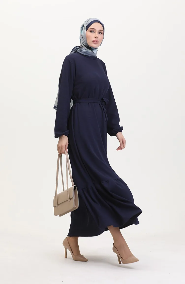 Burgundy Fabric Ribbed Ruffle Dress 2169-03 Navy Blue 2169-03