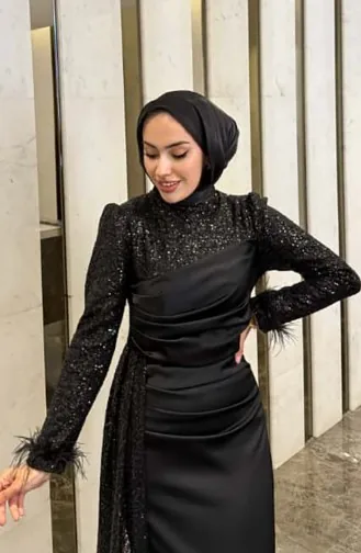 Işıltı Saten Abiye Elbise 4667-01 Siyah