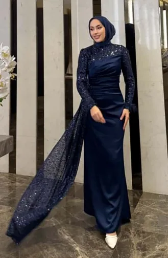 فستان سهرة ساتان لامع 4667-02 أزرق داكن 4667-02