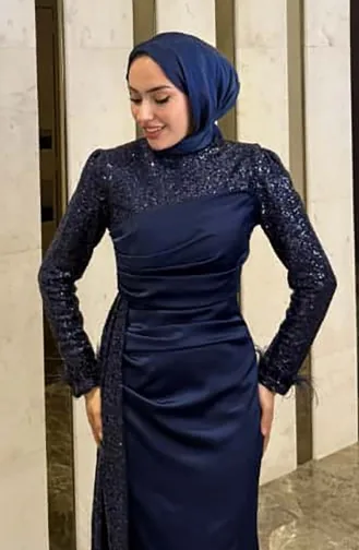 فستان سهرة ساتان لامع 4667-02 أزرق داكن 4667-02