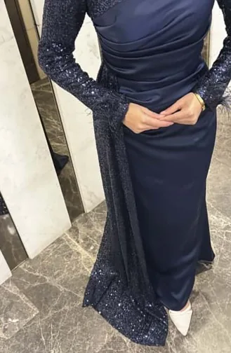 فستان سهرة ساتان لامع 4667-02 أزرق داكن 4667-02