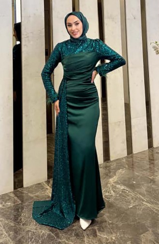 فستان سهرة ساتان لامع 4667-03 أخضر زمردي 4667-03