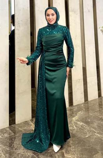 فستان سهرة ساتان لامع 4667-03 أخضر زمردي 4667-03