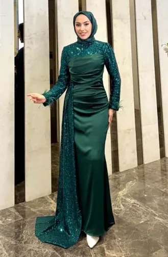 فستان سهرة ساتان لامع 4667-03 أخضر زمردي 4667-03