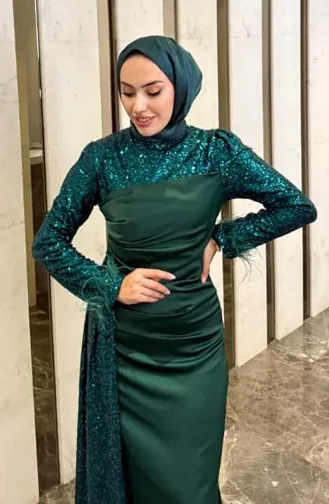 فستان سهرة ساتان لامع 4667-03 أخضر زمردي 4667-03