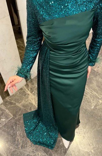 فستان سهرة ساتان لامع 4667-03 أخضر زمردي 4667-03