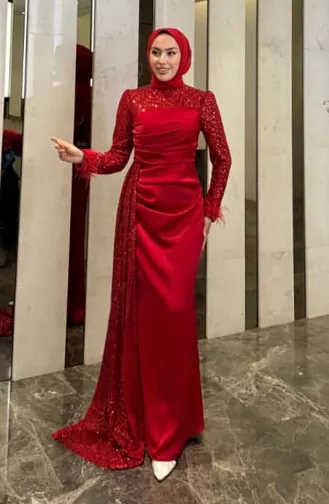 Işıltı Saten Abiye Elbise 4667-04 Kırmızı