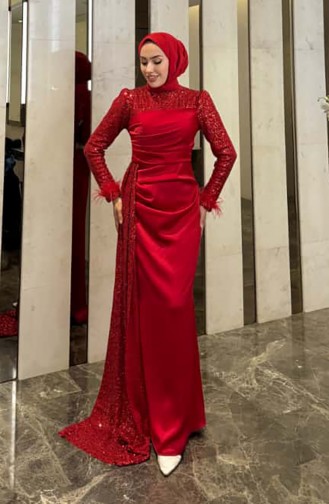 فستان سهرة ساتان لامع 4667-04 أحمر 4667-04