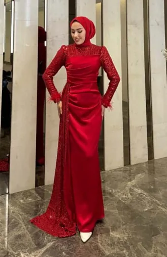 Işıltı Saten Abiye Elbise 4667-04 Kırmızı