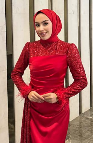 فستان سهرة ساتان لامع 4667-04 أحمر 4667-04