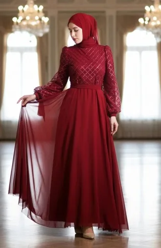 Robe De Soirée En Mousseline à Sequins Et Ceinture 5617-05 Bordeaux 5617-05