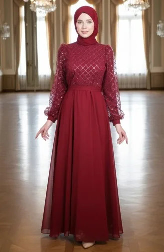 Robe De Soirée En Mousseline à Sequins Et Ceinture 5617-05 Bordeaux 5617-05