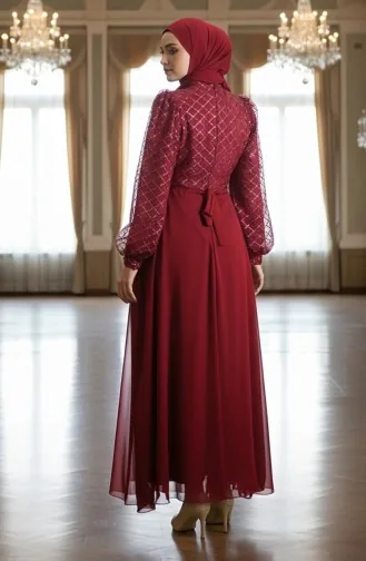 Robe De Soirée En Mousseline à Sequins Et Ceinture 5617-05 Bordeaux 5617-05