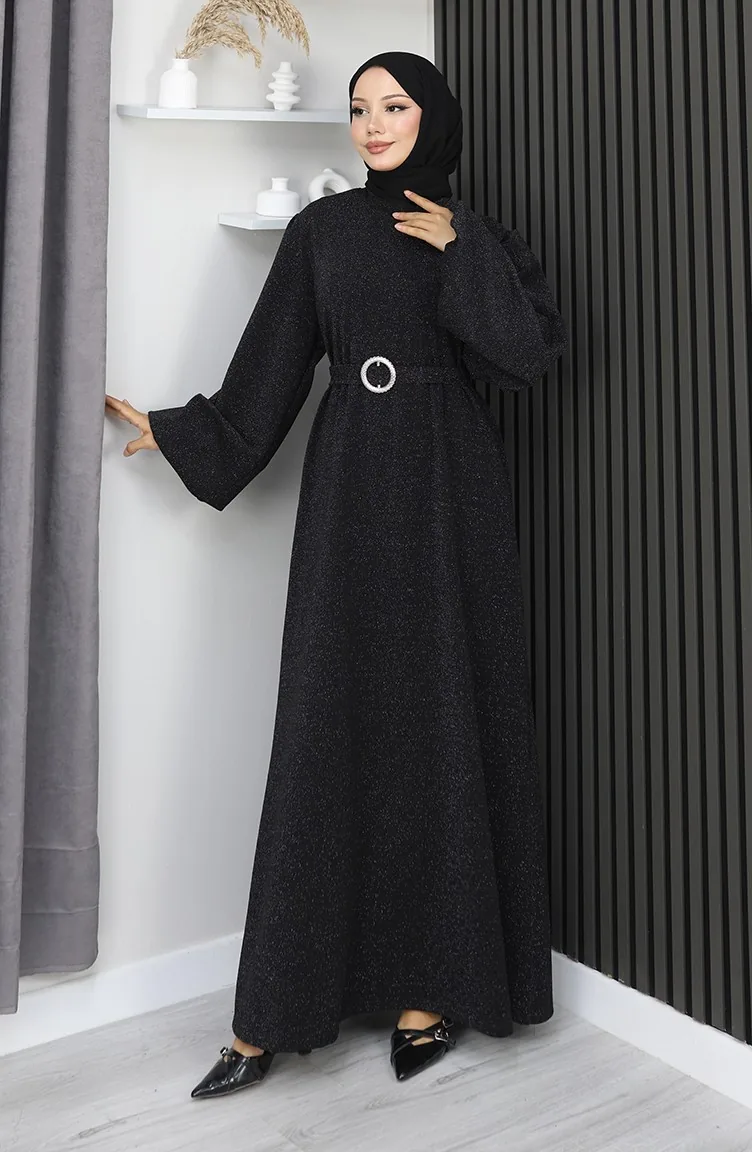 Abendkleid Aus Scuba-Stoff Mit Glitzer 0207-01 Schwarz 0207-01