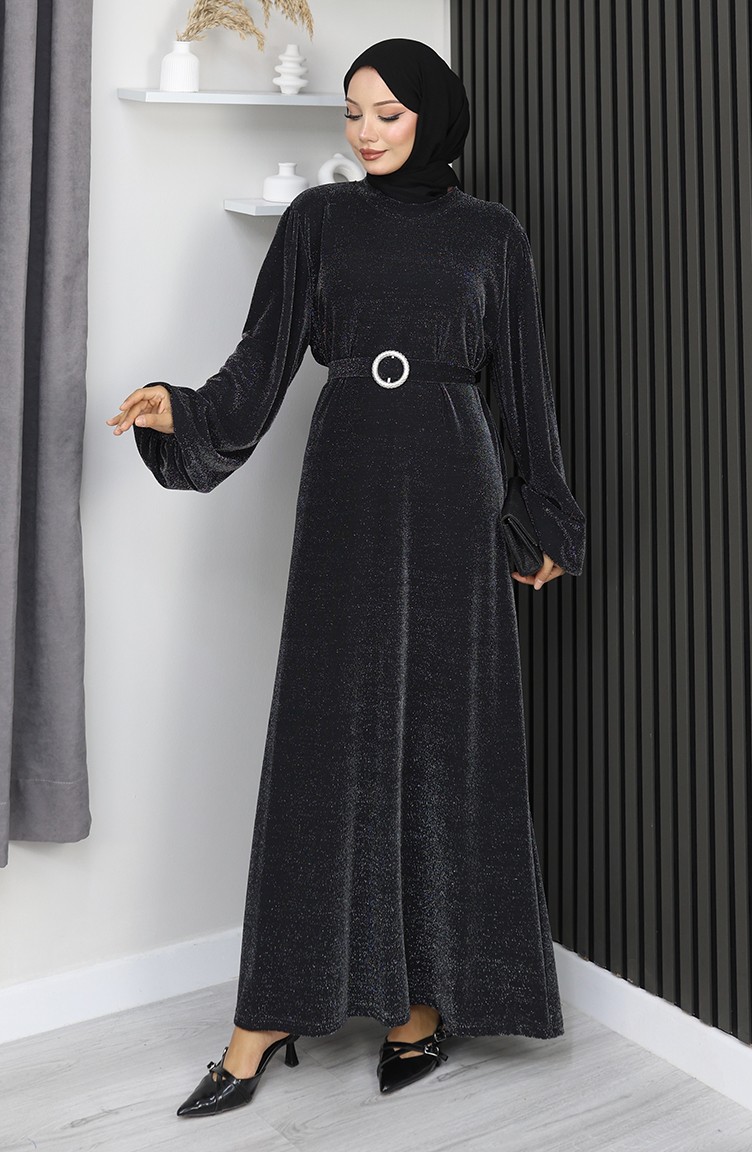 Sefamerve, Scuba Fabric Glitter Evening Dress 0207A-01 Black