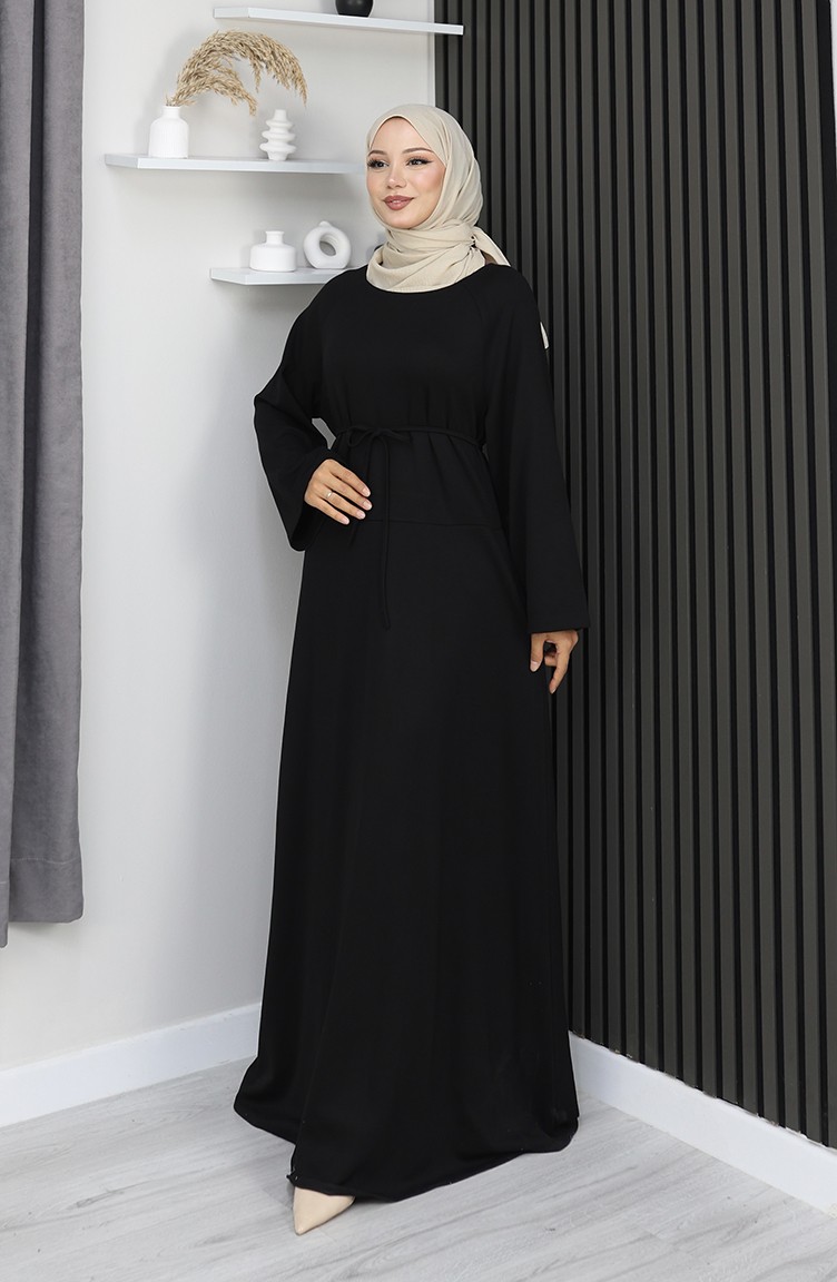 Sefamerve, Oysho Kumaş Kuşaklı Tesettür Elbise 2162-03 Siyah
