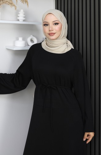 Oysho Kumaş Kuşaklı Tesettür Elbise 2162-03 Siyah