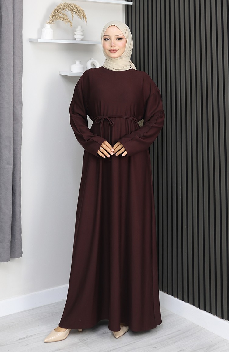 Sefamerve, Oysho Fabric Belted Dress 2165-03 Bitter Brown