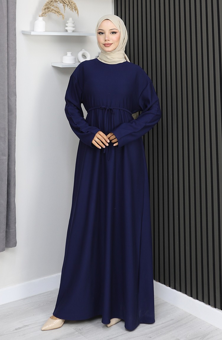 Sefamerve, Oysho Fabric Belted Dress 2165-05 Navy Blue