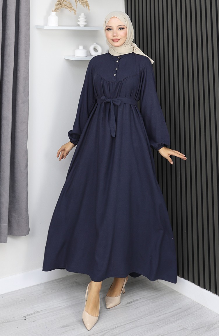 Sefamerve, Belmando Kumaş Yarım Düğmeli Kuşaklı Elbise 2166-01 Lacivert