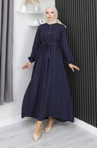Belmando Kumaş Yarım Düğmeli Kuşaklı Elbise 2166-01 Lacivert