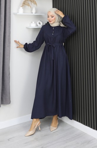 Belmando Kumaş Yarım Düğmeli Kuşaklı Elbise 2166-01 Lacivert