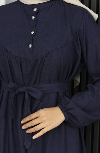 Belmando Kumaş Yarım Düğmeli Kuşaklı Elbise 2166-01 Lacivert