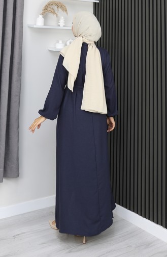 Belmando Kumaş Yarım Düğmeli Kuşaklı Elbise 2166-01 Lacivert