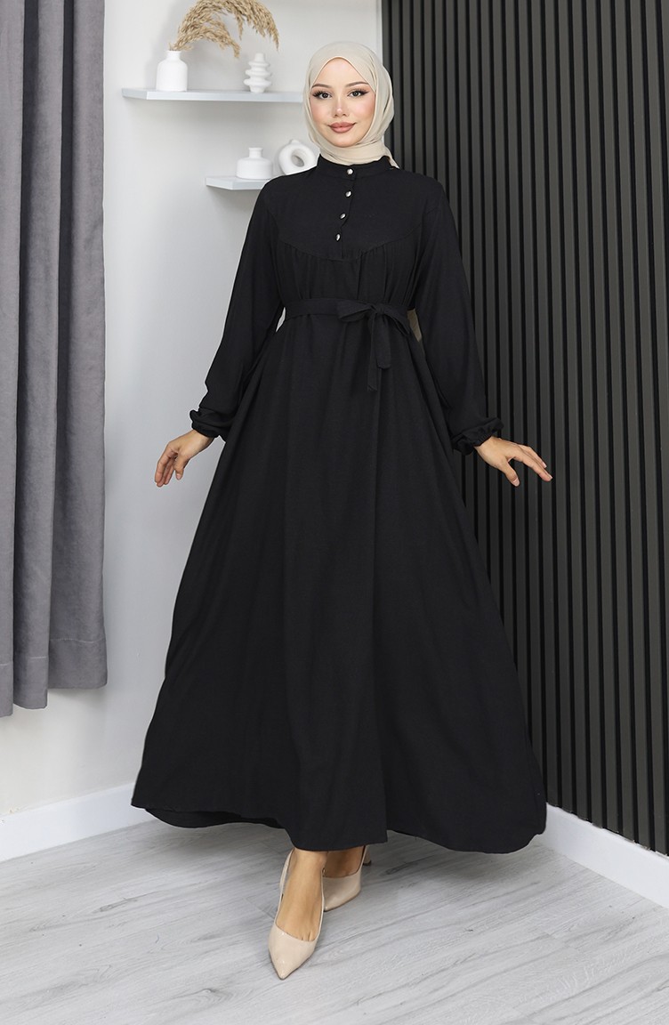 Sefamerve, Belmando Fabric Half Button Belted Dress 2166-02 Black