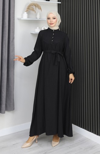 Belmando Fabric Half Button Belted Dress 2166-02 Black 2166-02