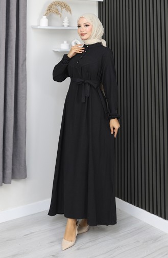 Belmando Fabric Half Button Belted Dress 2166-02 Black 2166-02
