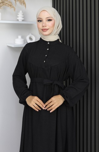 Belmando Fabric Half Button Belted Dress 2166-02 Black 2166-02