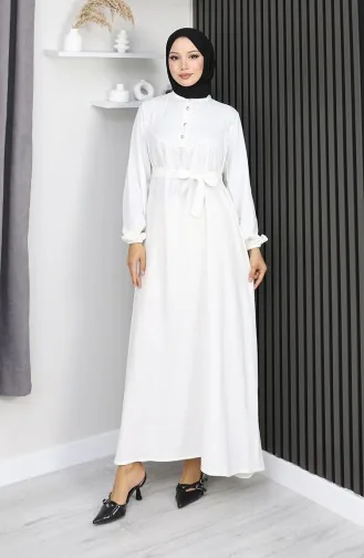 Belmando Fabric Half Button Belted Dress 2166-03 White 2166-03