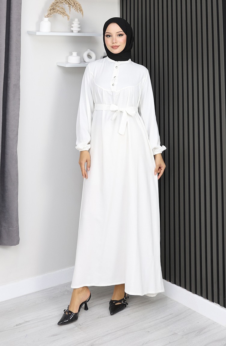 Sefamerve, Robe Belmando En Tissu Blanc à Demi-boutons Et Ceinture Référence 2166-03